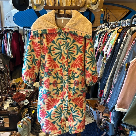 Free People Jackets & Blazers - NWT Free People Teddy Jacket in Cream with beautiful red and green floral patter